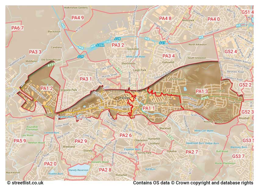 map showing postcode sectors within the PA1 district