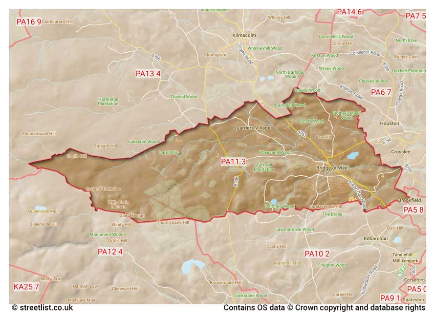 map showing postcode sectors within the PA11 district