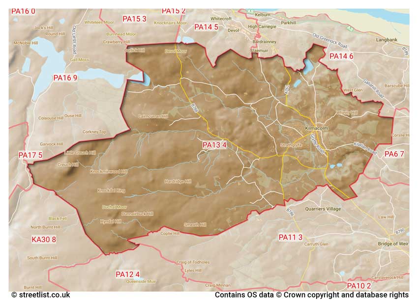 map showing postcode sectors within the PA13 district