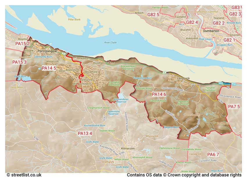 map showing postcode sectors within the PA14 district