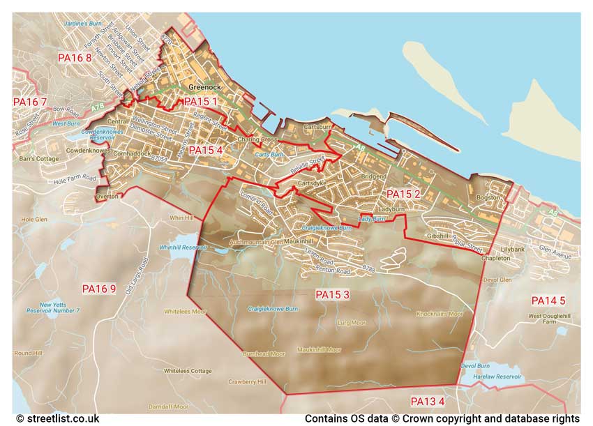 map showing postcode sectors within the PA15 district