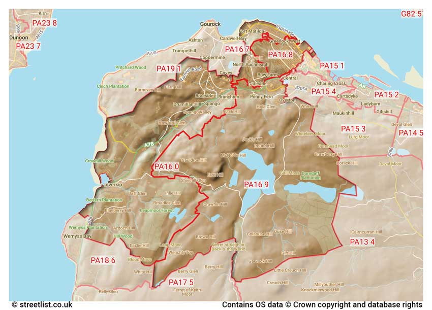 map showing postcode sectors within the PA16 district