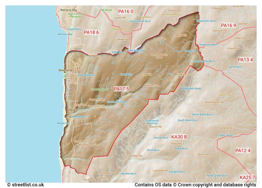 map showing postcode sectors within the PA17 district