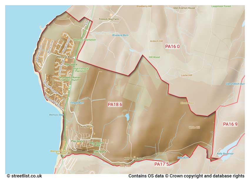 map showing postcode sectors within the PA18 district