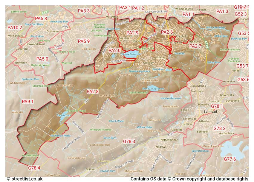 map showing postcode sectors within the PA2 district