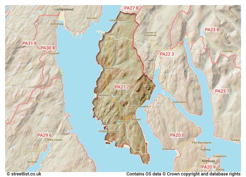 map showing postcode sectors within the PA21 district