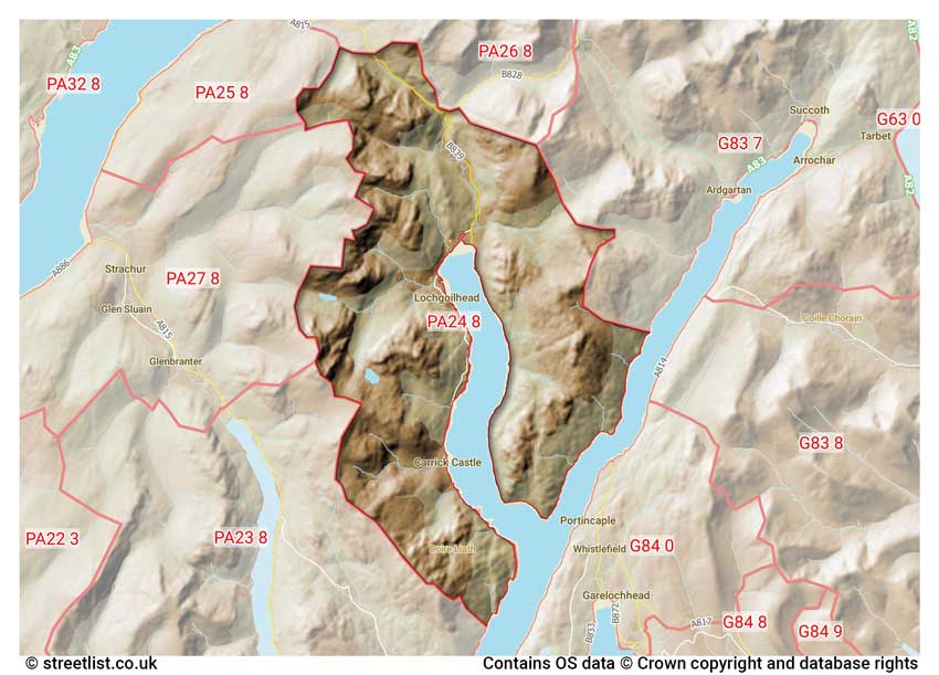 map showing postcode sectors within the PA24 district