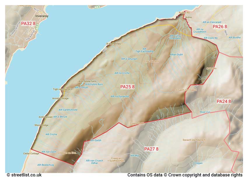 map showing postcode sectors within the PA25 district