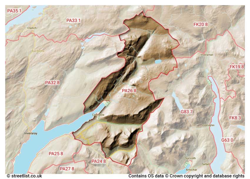 map showing postcode sectors within the PA26 district