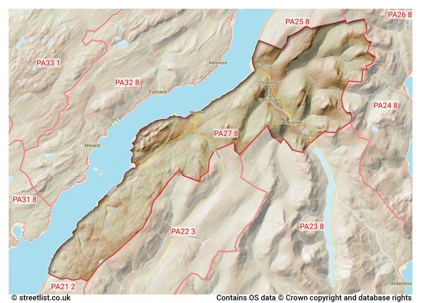 map showing postcode sectors within the PA27 district