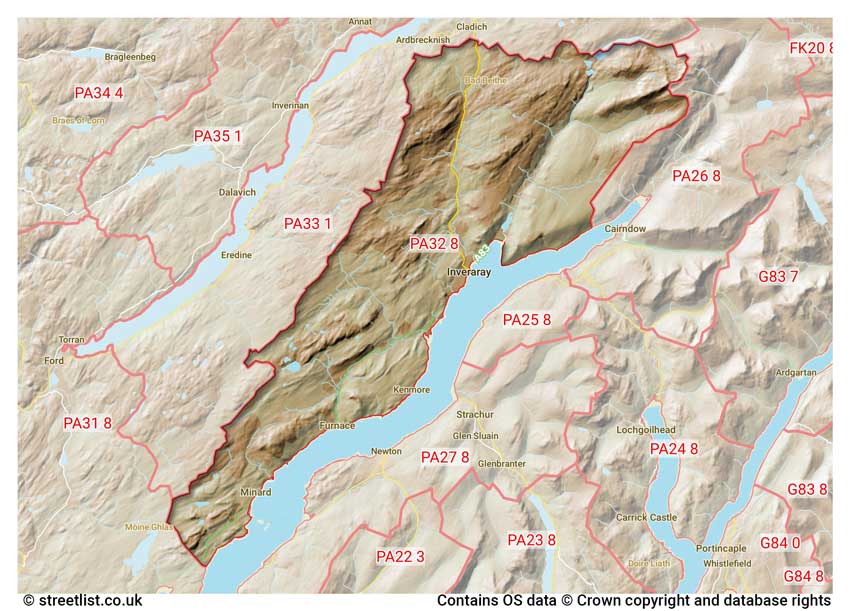 map showing postcode sectors within the PA32 district