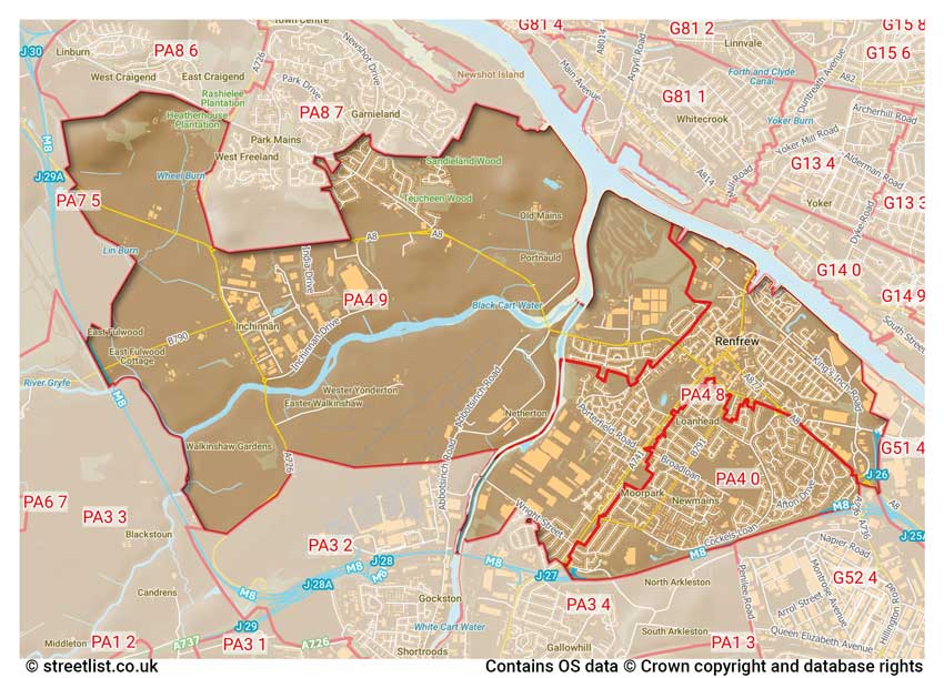 map showing postcode sectors within the PA4 district