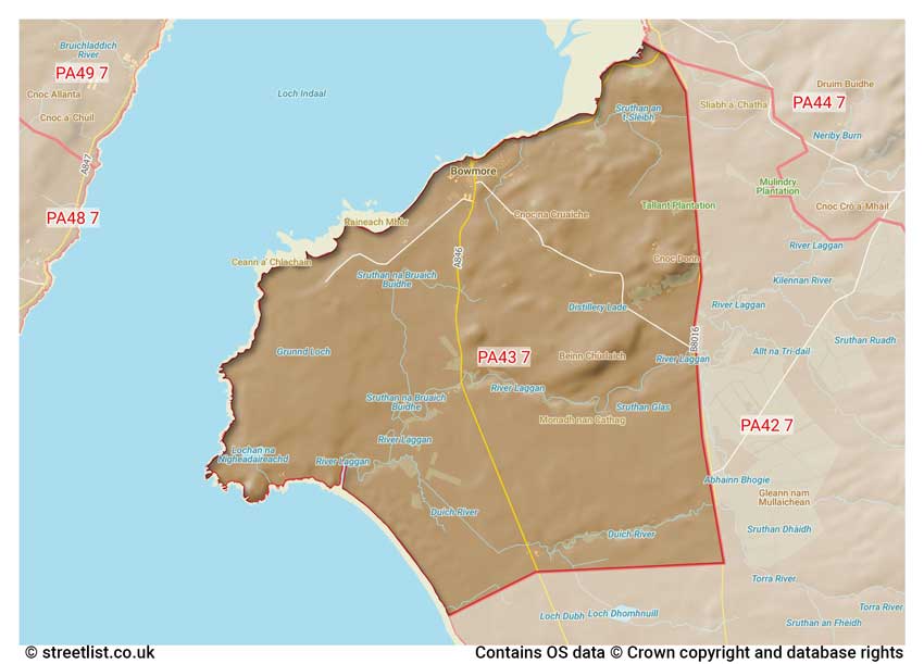 map showing postcode sectors within the PA43 district