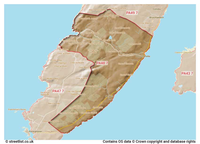 map showing postcode sectors within the PA48 district