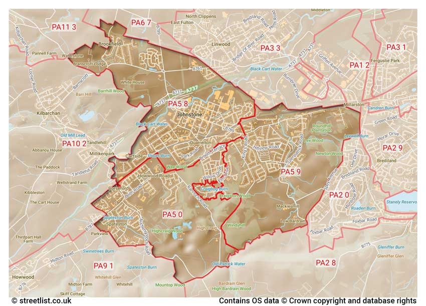 map showing postcode sectors within the PA5 district