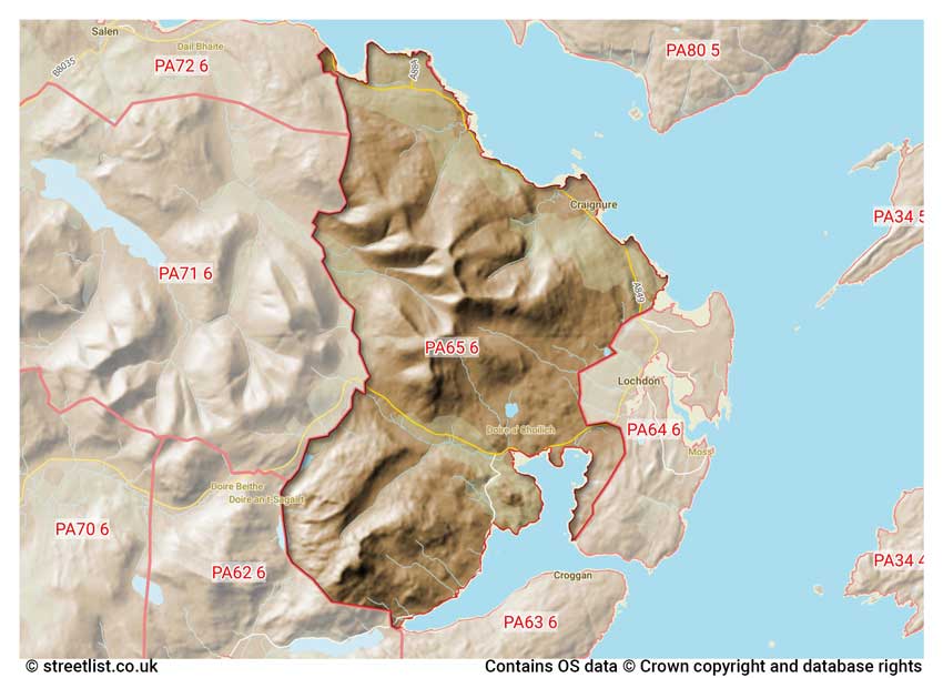 map showing postcode sectors within the PA65 district