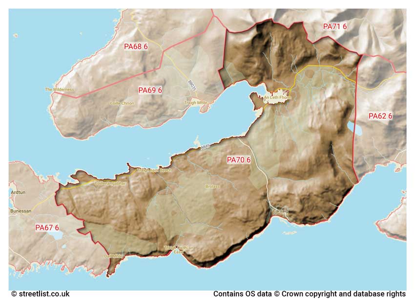 map showing postcode sectors within the PA70 district