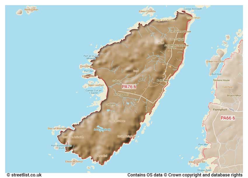 map showing postcode sectors within the PA76 district