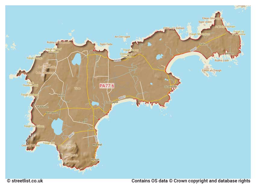 map showing postcode sectors within the PA77 district