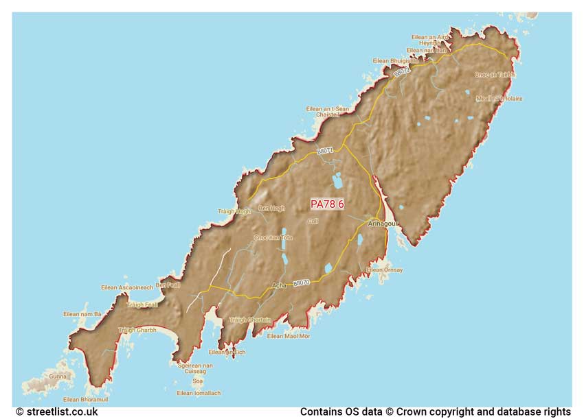 map showing postcode sectors within the PA78 district