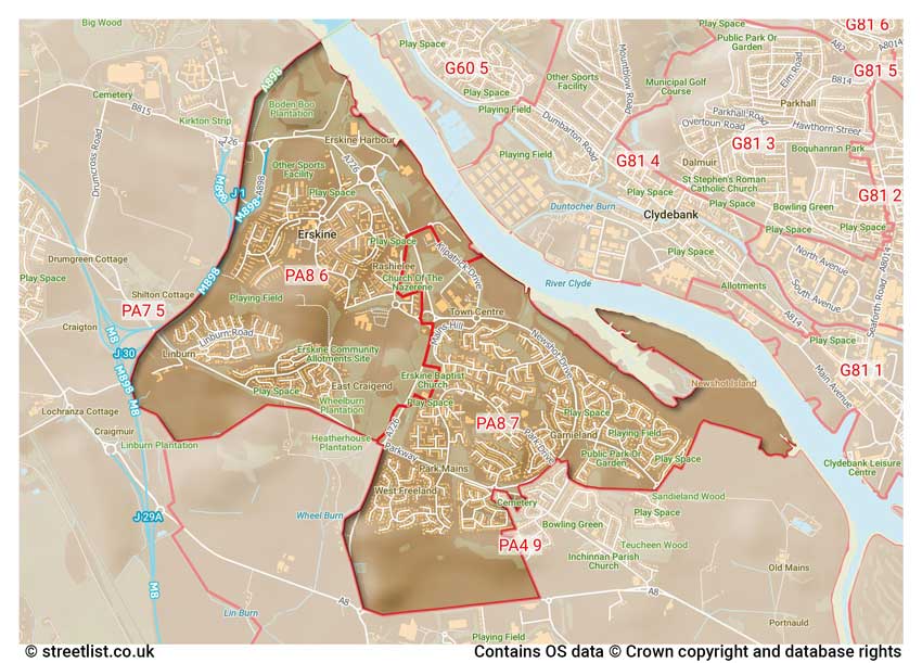 map showing postcode sectors within the PA8 district