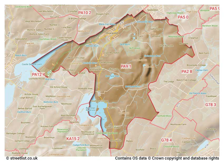 map showing postcode sectors within the PA9 district