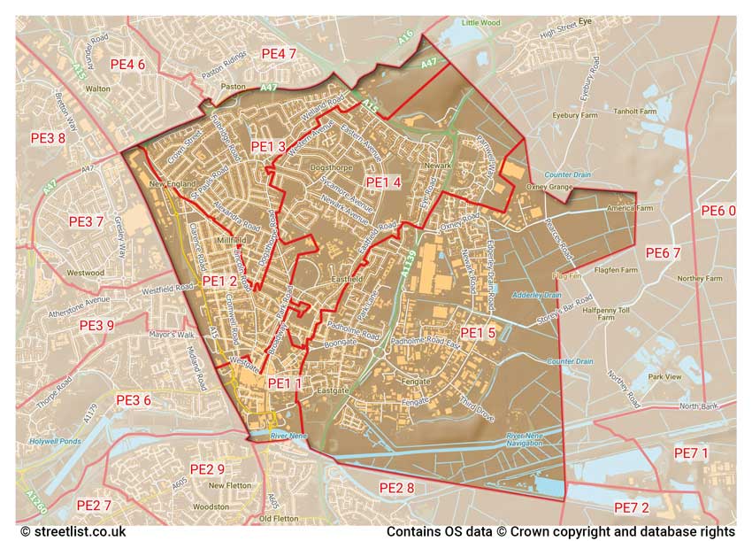 map showing postcode sectors within the PE1 district