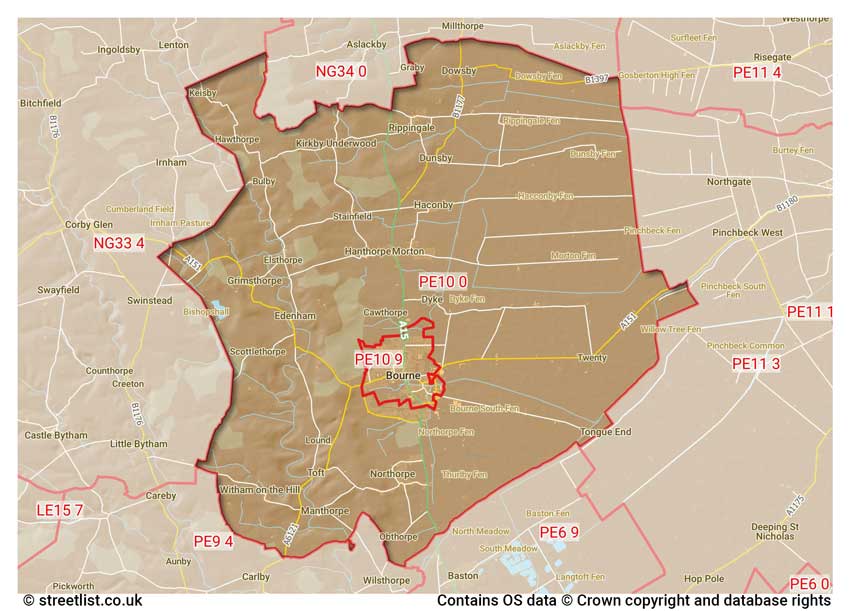 map showing postcode sectors within the PE10 district