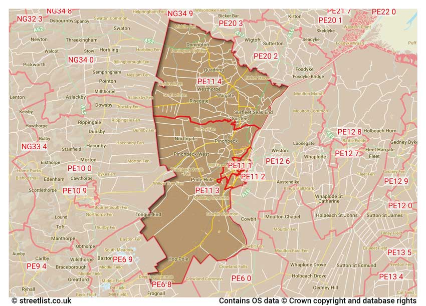 map showing postcode sectors within the PE11 district