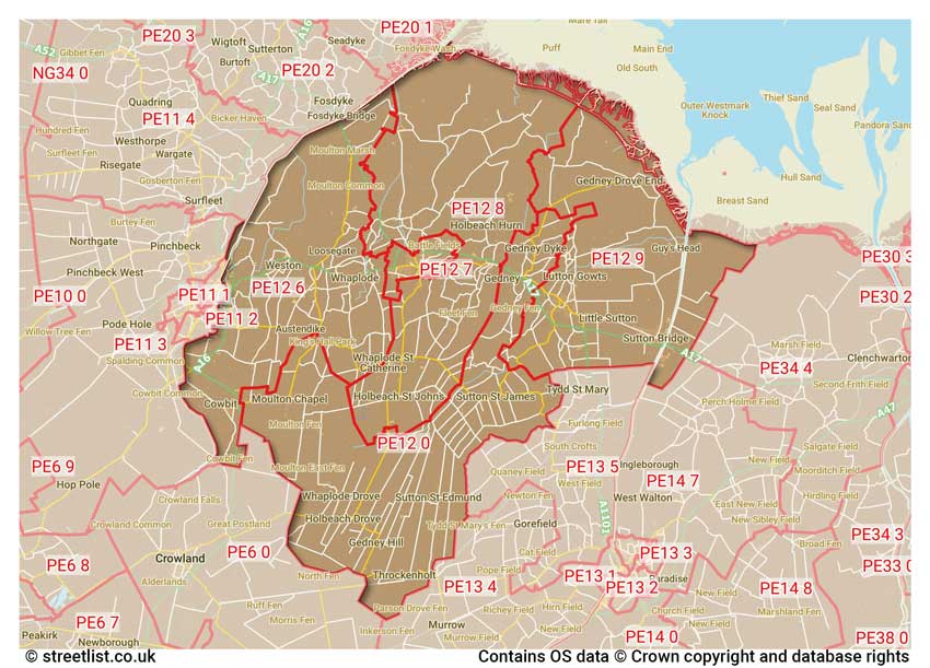 map showing postcode sectors within the PE12 district