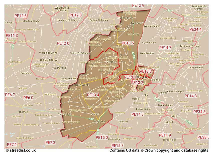 map showing postcode sectors within the PE13 district