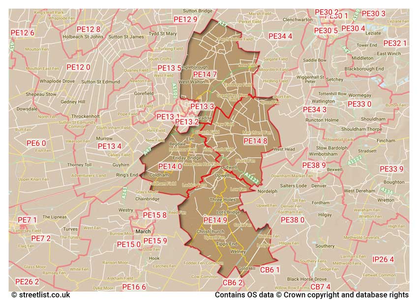 map showing postcode sectors within the PE14 district