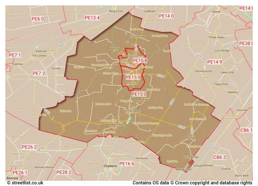 map showing postcode sectors within the PE15 district