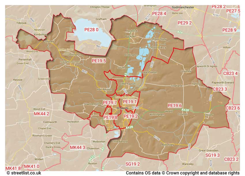 map showing postcode sectors within the PE19 district