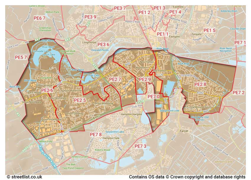 map showing postcode sectors within the PE2 district