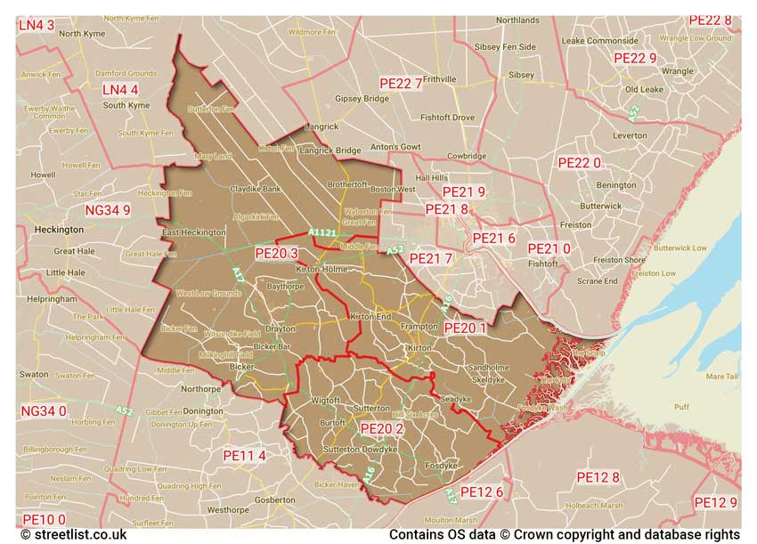 map showing postcode sectors within the PE20 district