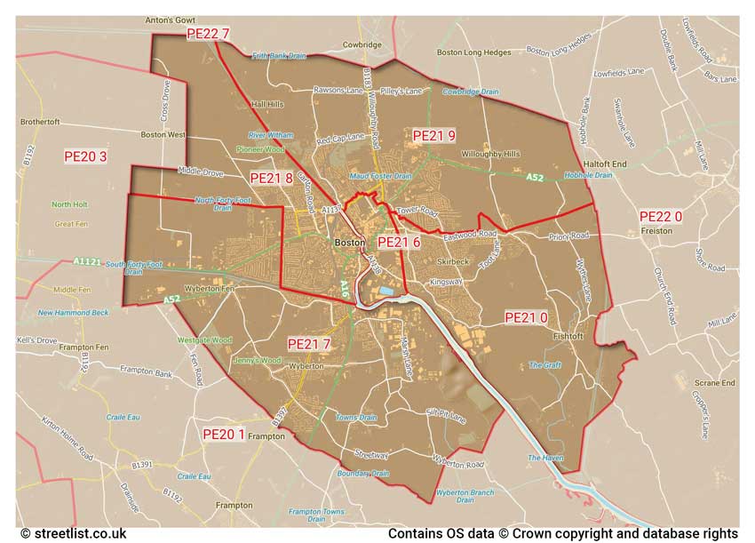 map showing postcode sectors within the PE21 district