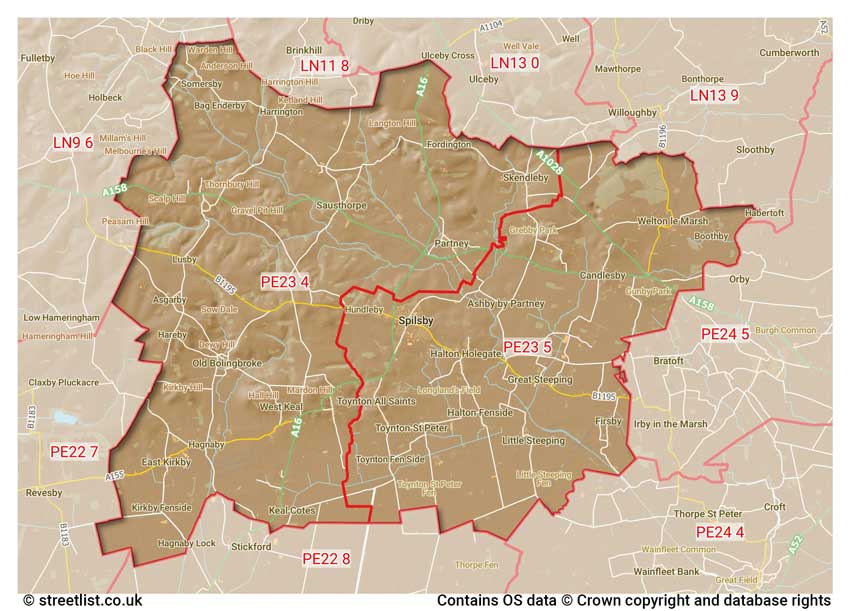 map showing postcode sectors within the PE23 district