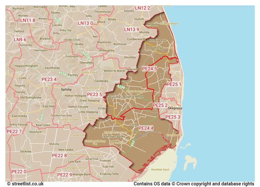 map showing postcode sectors within the PE24 district