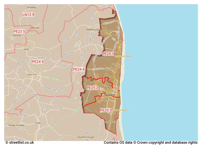 map showing postcode sectors within the PE25 district