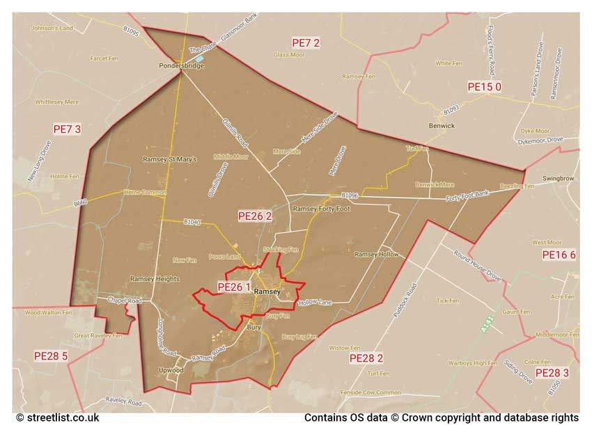 map showing postcode sectors within the PE26 district