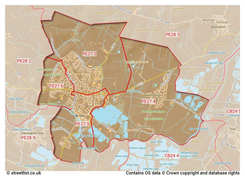 map showing postcode sectors within the PE27 district