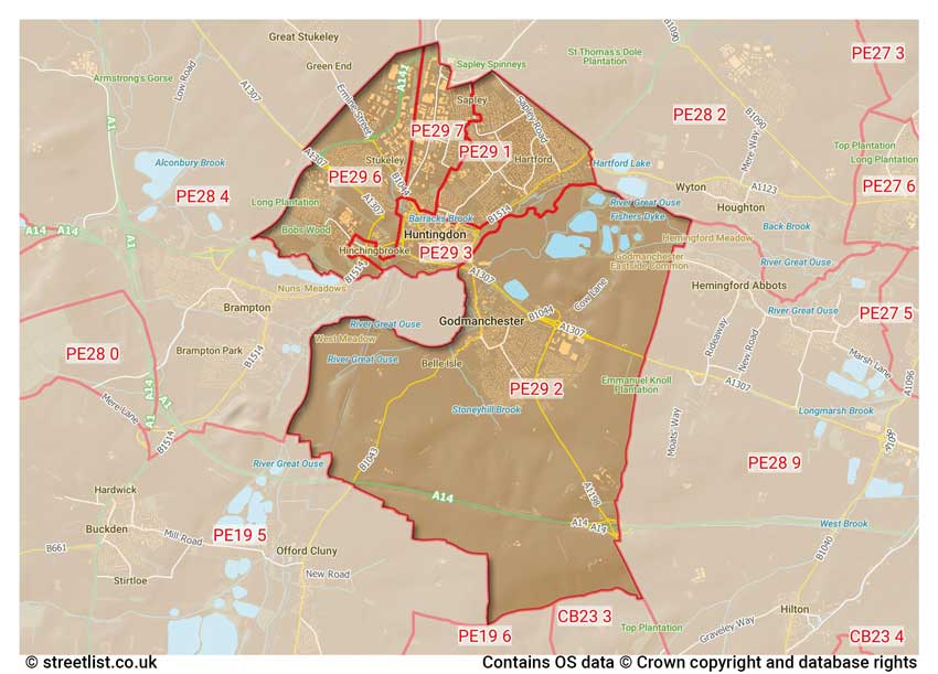 map showing postcode sectors within the PE29 district