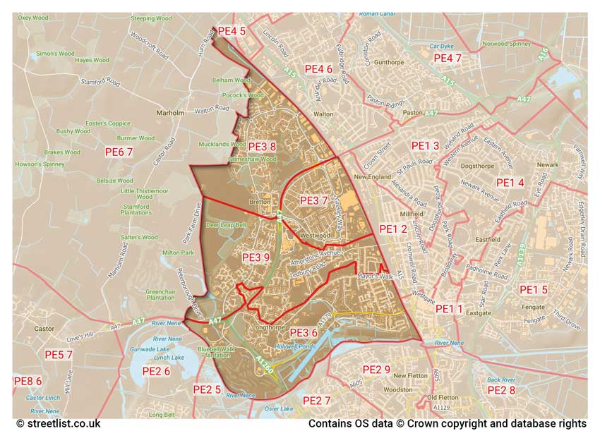 map showing postcode sectors within the PE3 district