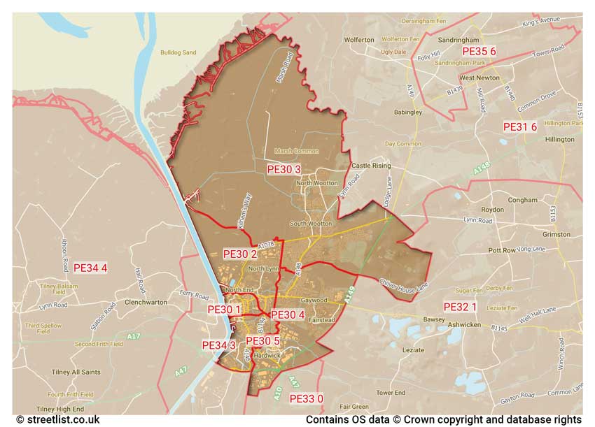 map showing postcode sectors within the PE30 district