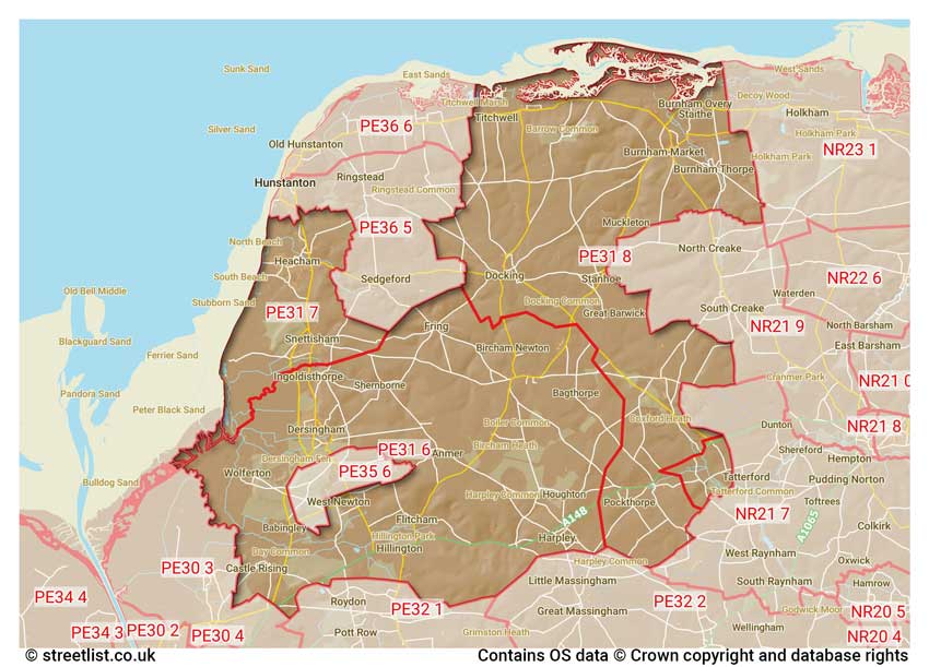 map showing postcode sectors within the PE31 district