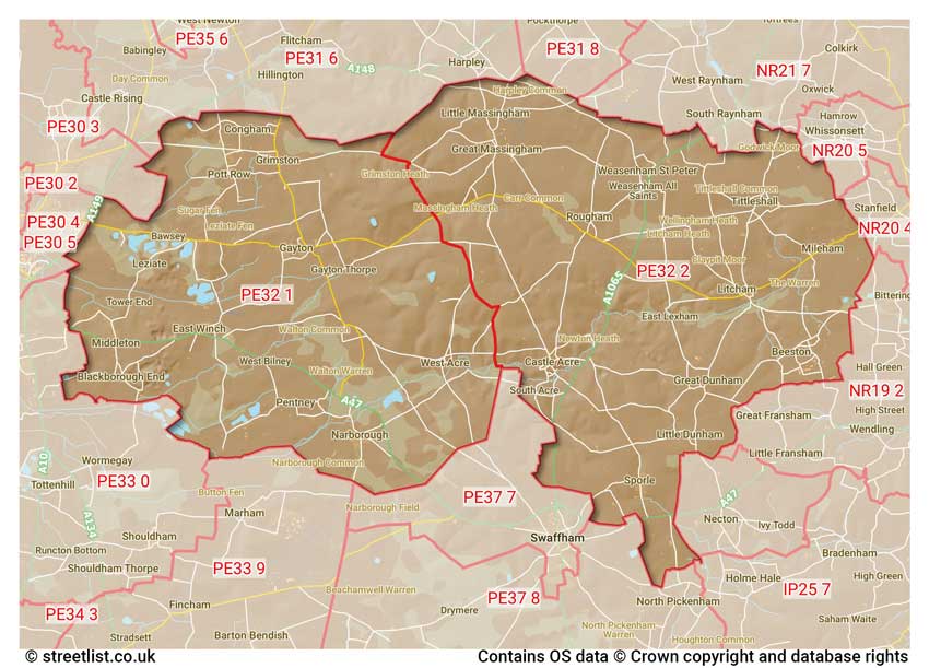 map showing postcode sectors within the PE32 district