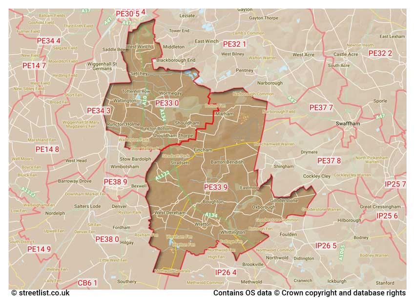 map showing postcode sectors within the PE33 district