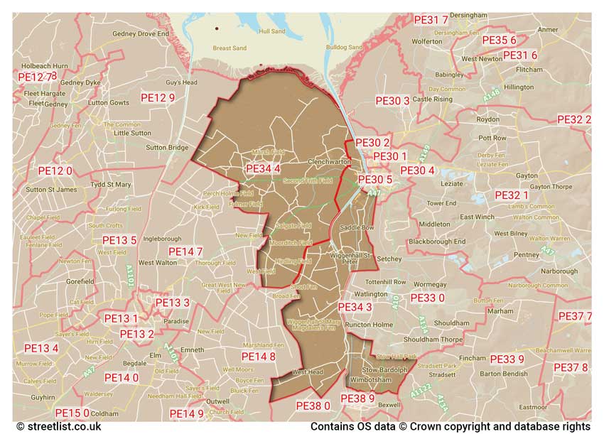 map showing postcode sectors within the PE34 district