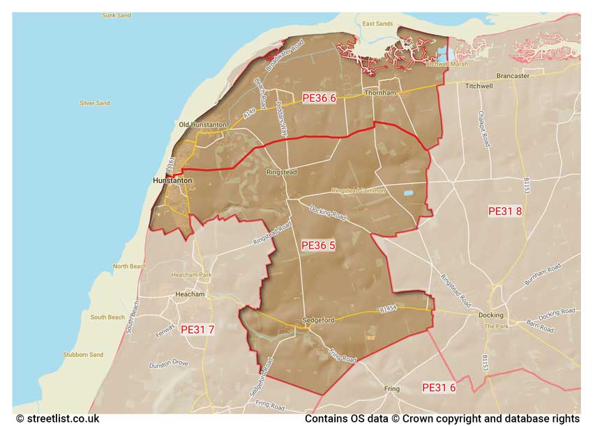 map showing postcode sectors within the PE36 district